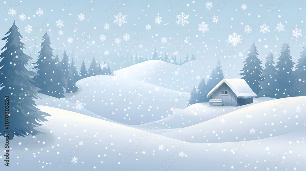 Snowy winter landscape with a small cabin nestled in the hills, surrounded by pine trees and falling snowflakes. Snowy winter landscape with a small cabin nestled in the hills, surrounded by pine trees and falling snowflakes.