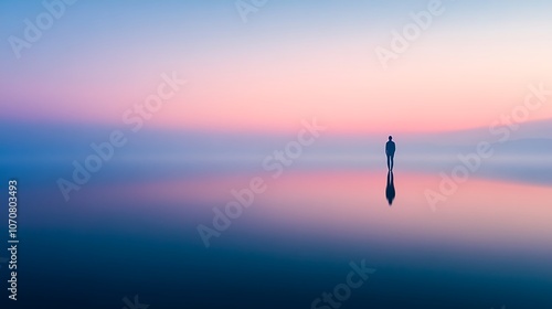 A solitary figure standing on the edge of a calm body of water during dawn, surrounded by serene mist and soft pastel colors