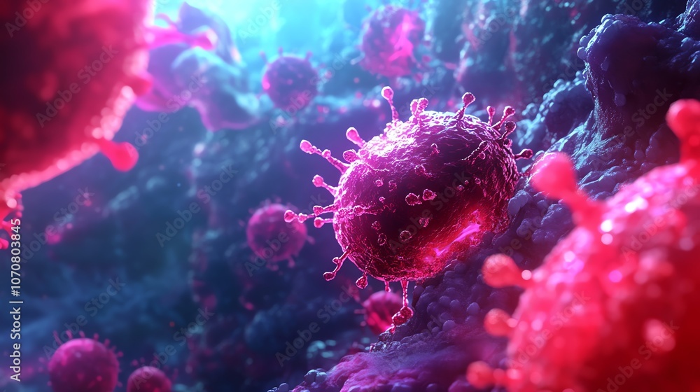 Colorful microscopic view of viruses on a dark background, highlighting intricate details of their structures. Colorful microscopic view of viruses on a dark background, highlighting intricate details of their structures.