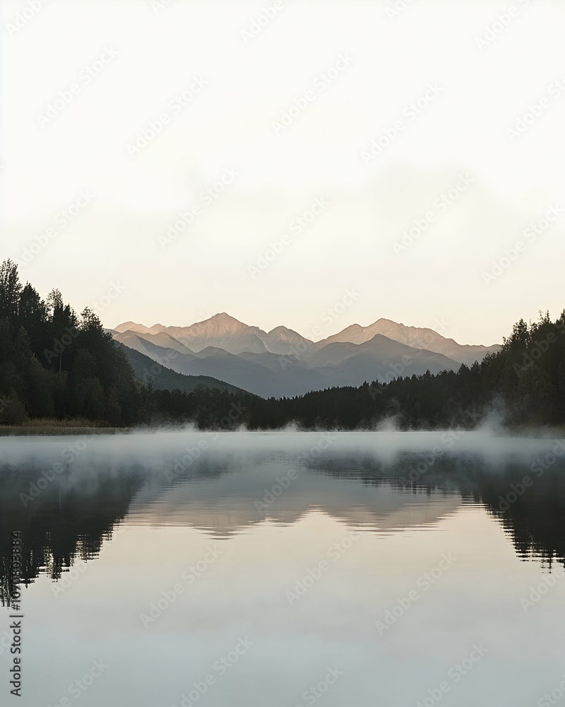 Fototapeta premium A serene lake with mountains in the background, shrouded in fog.