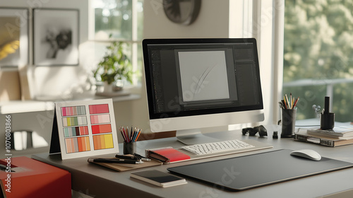 Wallpaper Mural A modern, minimalist workspace with a computer, desk, and office supplies. Torontodigital.ca