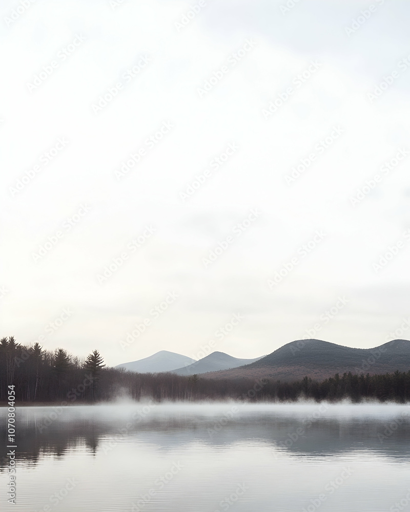 Fototapeta premium A tranquil lake with a misty morning landscape.