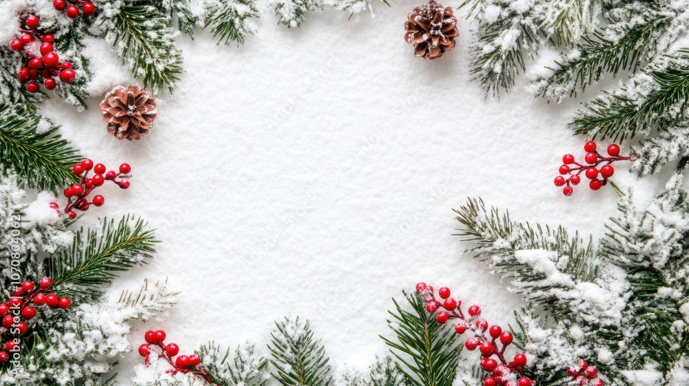 Holiday flat lay with fir branches, snow, and red berries, Christmas decor on white background. Holiday flat lay with fir branches, snow, and red berries, Christmas decor on white background.