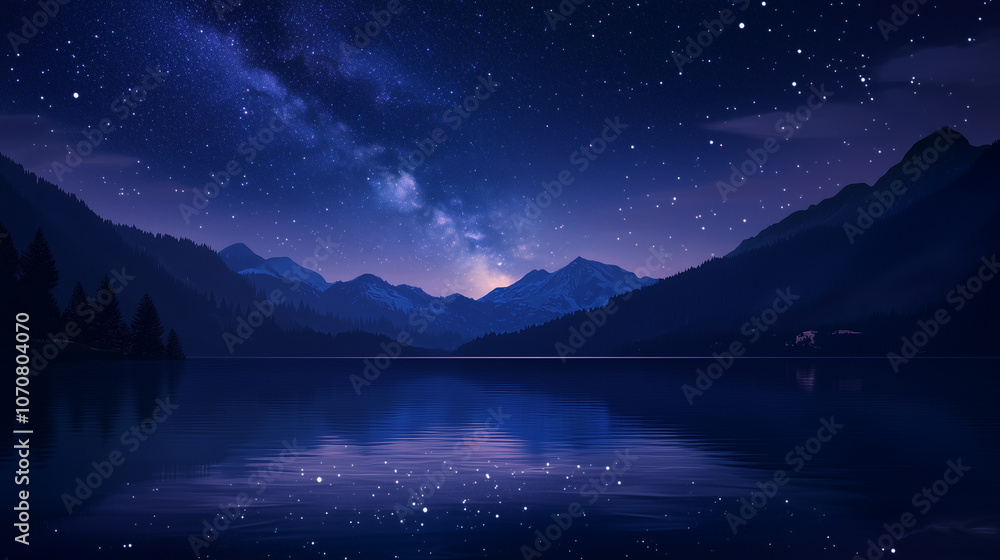 Starry night sky over a calm lake, with Milky Way clearly visible, Nature, modern style Starry night sky over a calm lake, with Milky Way clearly visible, Nature, modern style
