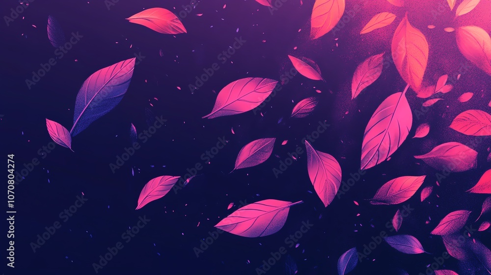 Colorful leaves floating in a dreamy purple background, creating a tranquil and serene atmosphere. Colorful leaves floating in a dreamy purple background, creating a tranquil and serene atmosphere.