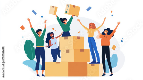 Team of women celebrating success with boxes