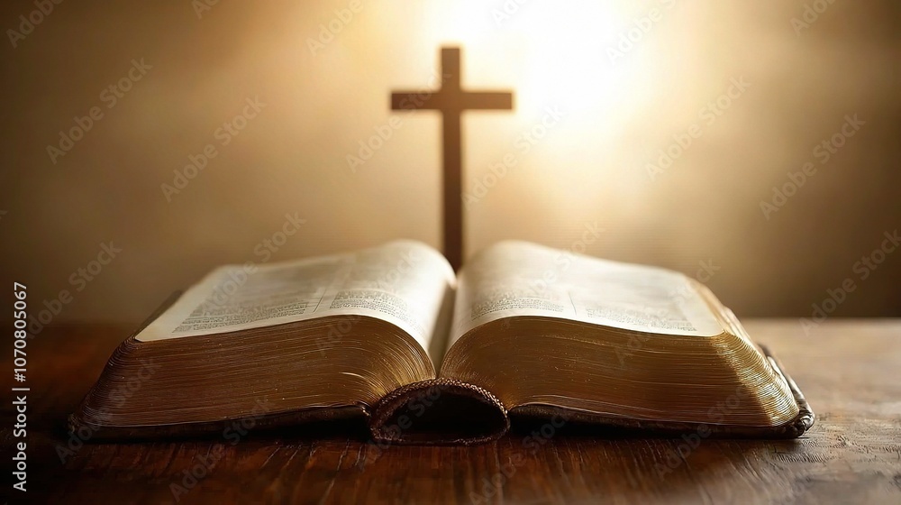 Open Bible with Cross on Wooden Table Open Bible with Cross on Wooden Table