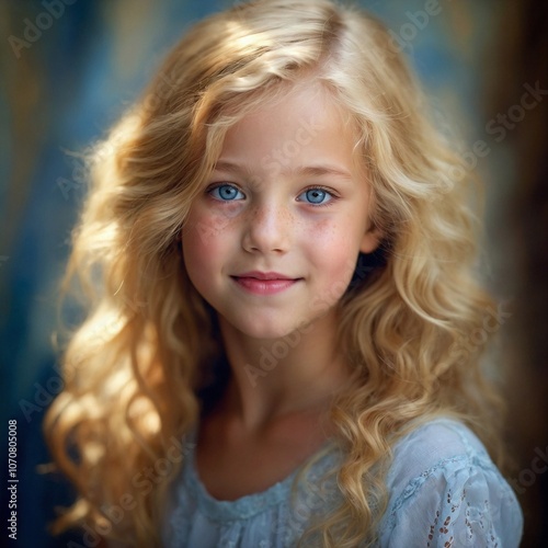 Close-up portrait of a cheerful, beautiful, bright blue-eyed eight-year-old girl with lush wavy blond hair and slight freckles. High resolution photography with fine details. photo