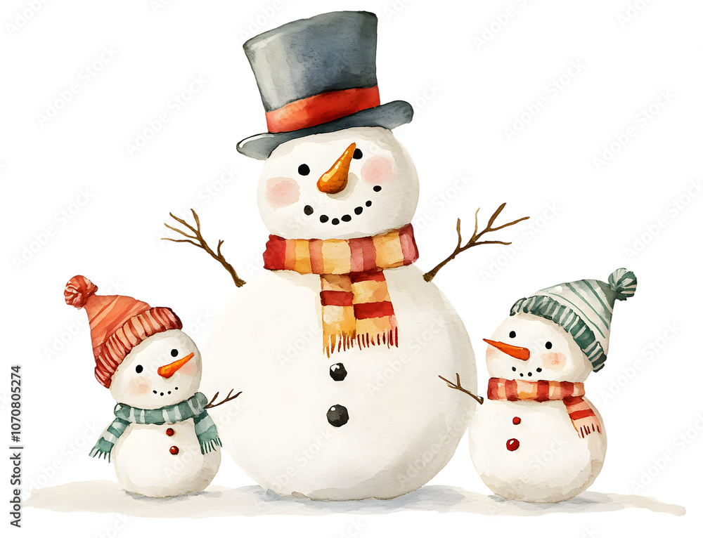Snowman Family Top Hat Two Smaller Snowmen Watercolor Transparent Background Cutout Snowman Family Top Hat Two Smaller Snowmen Watercolor Transparent Background Cutout