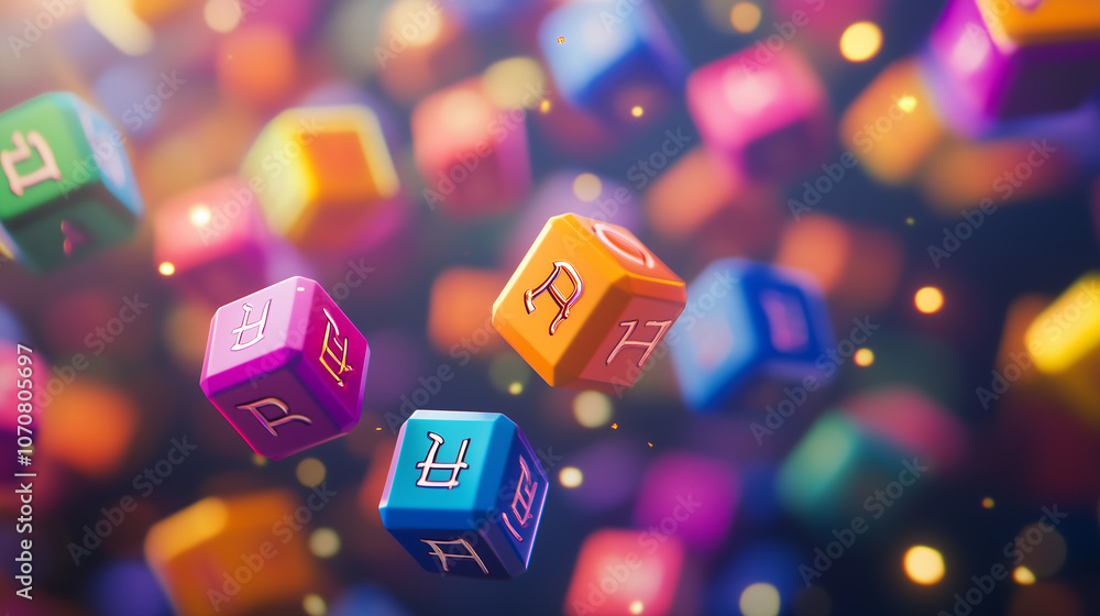 Close-up of a traditional dreidel spinning in motion, with vibrant Hebrew symbols on each side, set against a soft, glowing background Close-up of a traditional dreidel spinning in motion, with vibrant Hebrew symbols on each side, set against a soft, glowing background
