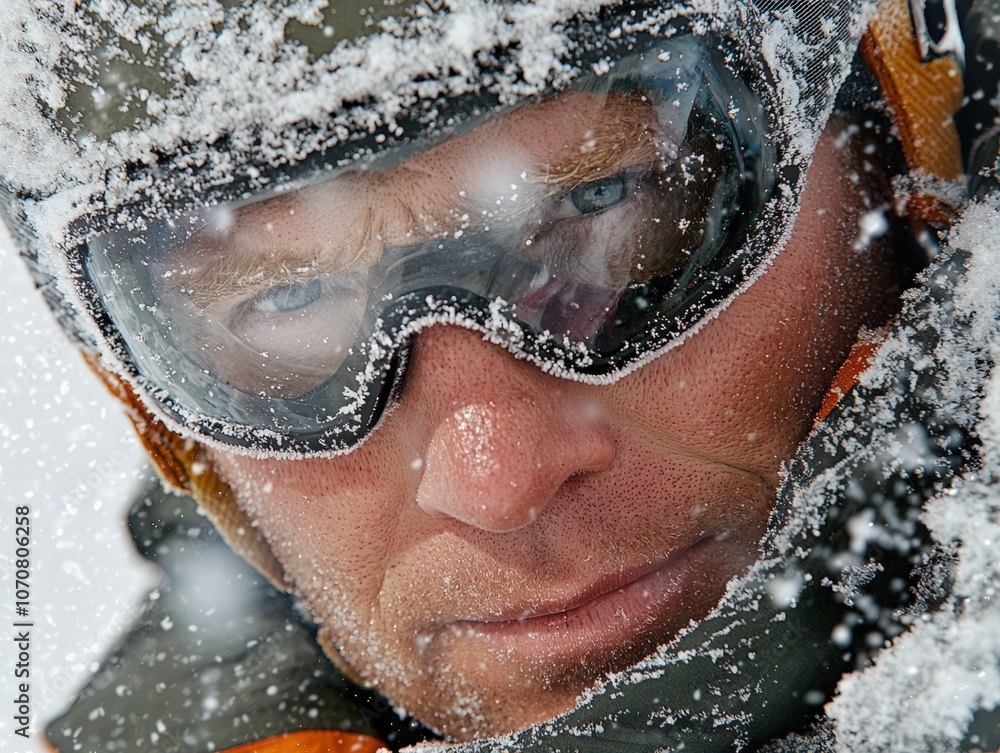 Fototapeta premium Extreme close-up of a skier in bright winter light with goggles reflecting snow-covered mountains