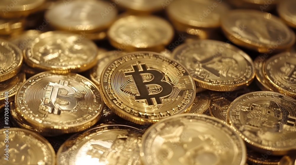 Close-up of a Stack of Shiny Gold Bitcoin Coins