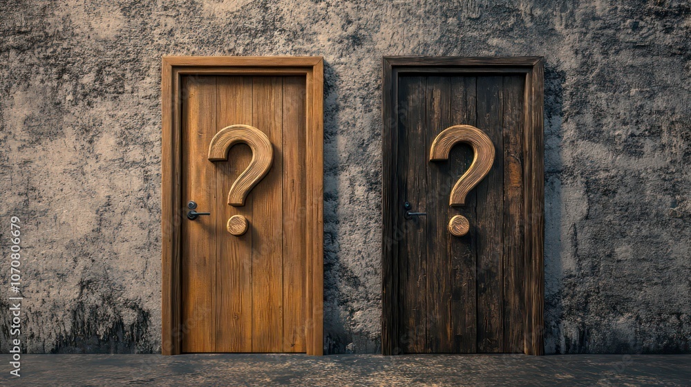 Two doors with question marks, symbolizing choices or unknown possibilities. Two doors with question marks, symbolizing choices or unknown possibilities.