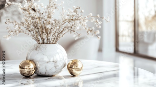 Marble centerpiece adorned with gold detailing, stylish decor on a crisp white background.
