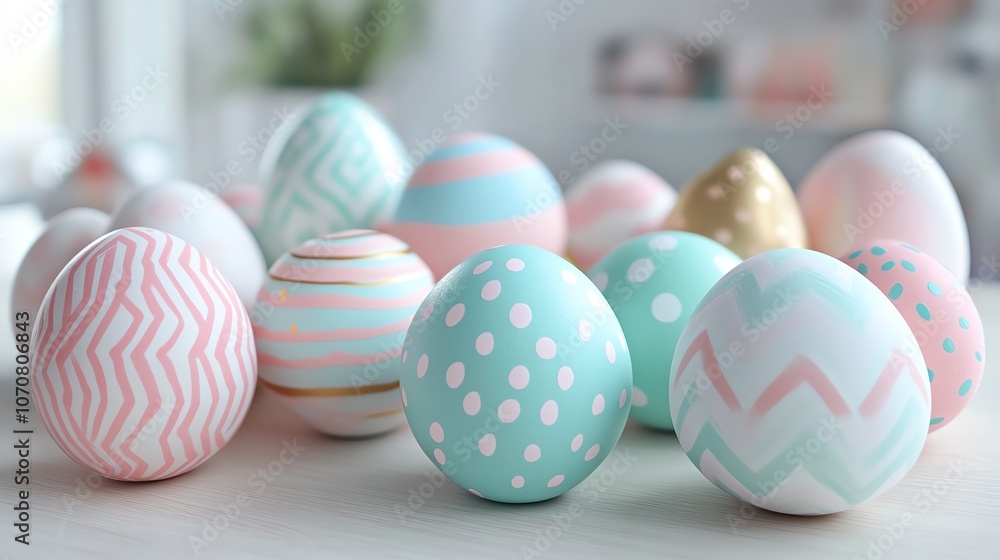 Fototapeta premium Colorful decorated Easter eggs arranged on a table, showcasing various patterns and designs.