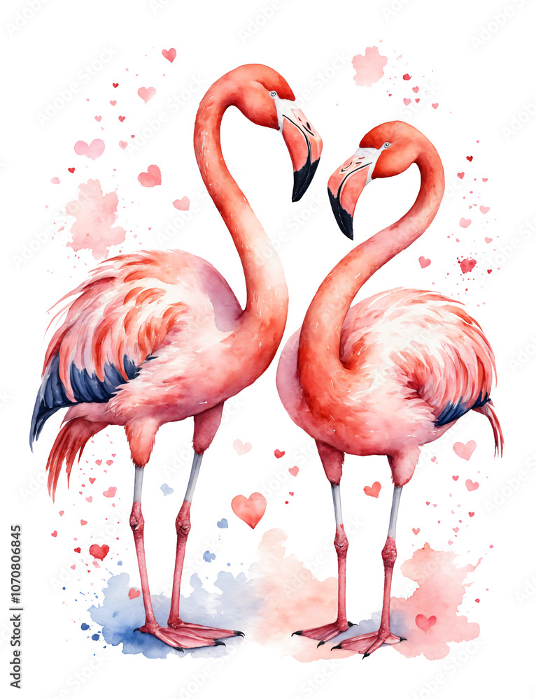 Fototapeta premium Watercolor a couple of cute pink flamingos. Valentine's Day card. Greeting background for postcards, banners, declarations of love.