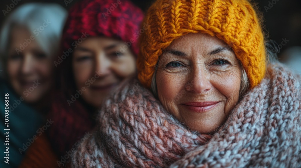 Three women are smiling warmly while bundled in colorful knit hats and scarves, enjoying each other's company in a cozy indoor setting during winter. Three women are smiling warmly while bundled in colorful knit hats and scarves, enjoying each other's company in a cozy indoor setting during winter.