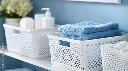 Blue Towels Folded in White Plastic Basket on a Shelf