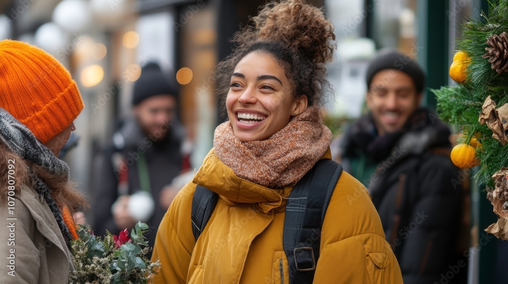 Happy Woman Smiling in Winter Outfit Outside Store Happy Woman Smiling in Winter Outfit Outside Store