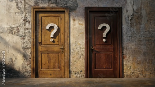 Two mysterious doors with question marks  suggesting uncertainty or choices ahead.