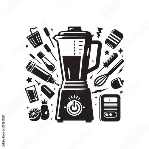 Vector Blender Silhouette Set , Kitchen Blender Silhouettes , Black and White Blender vector Illustrations, 