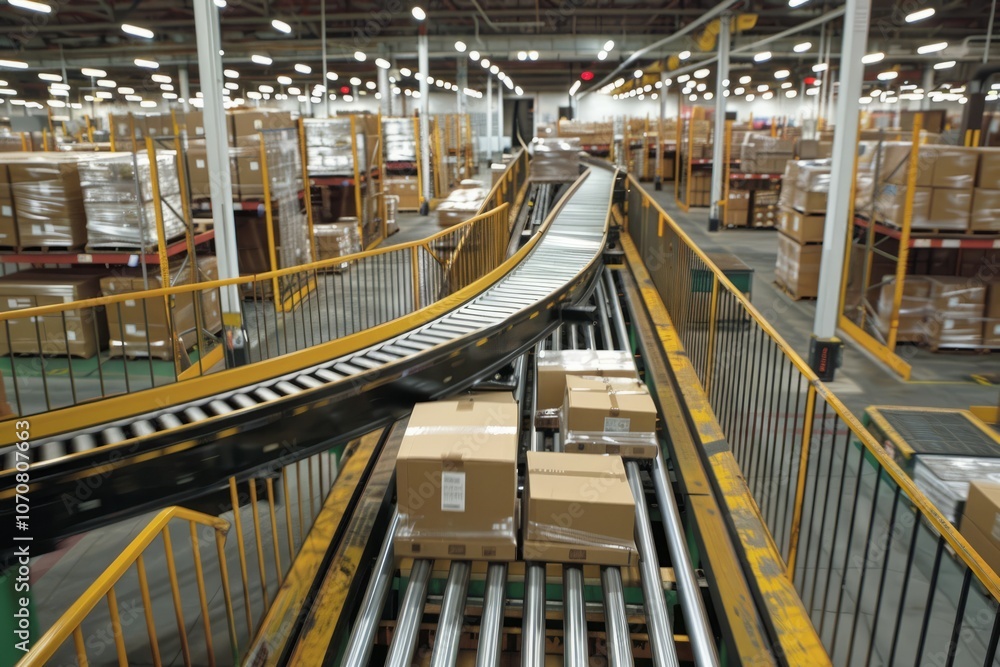 Fototapeta premium Busy warehouse environment with an effective conveyor belt system moving packages
