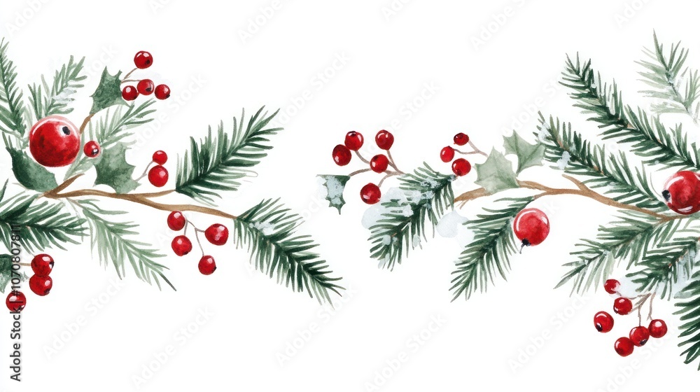 Minimalist holiday border with fir branches, red berries, and snow, on a white backdrop. Minimalist holiday border with fir branches, red berries, and snow, on a white backdrop.