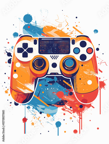 Colorful game controller with a splash of paint on it. The controller is orange and white with a black button on the top left. The controller is surrounded by a splash of paint, giving it a fun