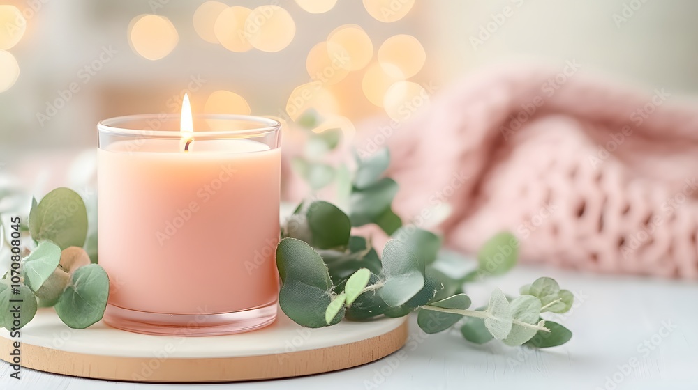 A Burning Pink Candle with Eucalyptus Leaves on a Wooden Coaster A Burning Pink Candle with Eucalyptus Leaves on a Wooden Coaster