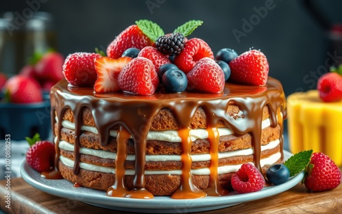 A delicious cake with chocolate ganache and caramel sauce, topped with strawberries, blueberries, and raspberries photo