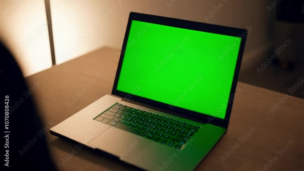 A laptop opening with a monitor displaying a blank green screen, ready for customization with a photo, text, or banner for advertising purposes. The green background offers a seamless space for text A laptop opening with a monitor displaying a blank green screen, ready for customization with a photo, text, or banner for advertising purposes. The green background offers a seamless space for text