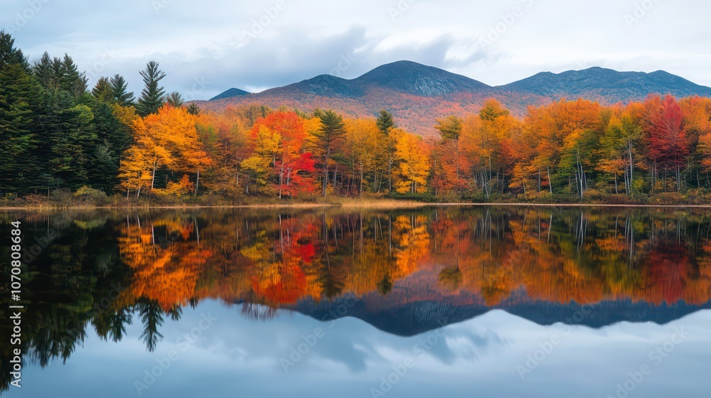 Trees and mountains reflect vibrant autumn colors in this serene lake Trees and mountains reflect vibrant autumn colors in this serene lake