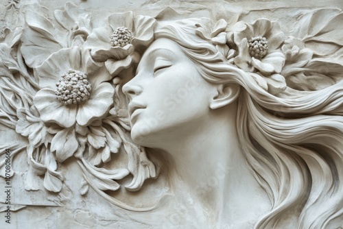 A captivating bas-relief sculpture depicting a woman's serene face, framed by delicate floral motifs. The closed eyes, flowing hair, and intricate details convey a sense of peace, grace, and nature's 