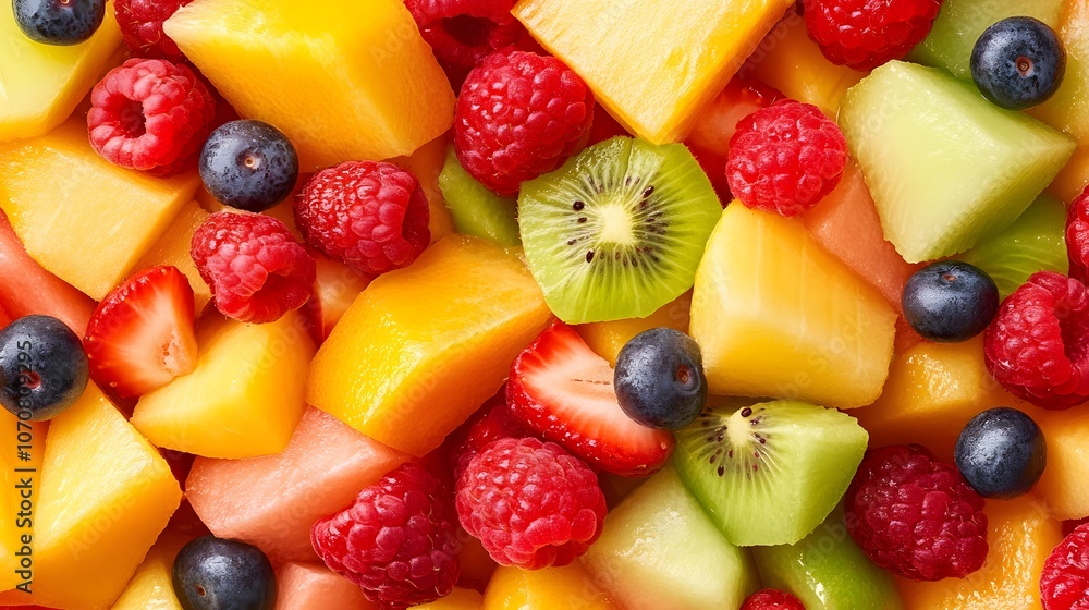 Close-up of a Colorful Fruit Salad with Mango, Kiwi, Melon, Raspberries, and Blueberries Close-up of a Colorful Fruit Salad with Mango, Kiwi, Melon, Raspberries, and Blueberries