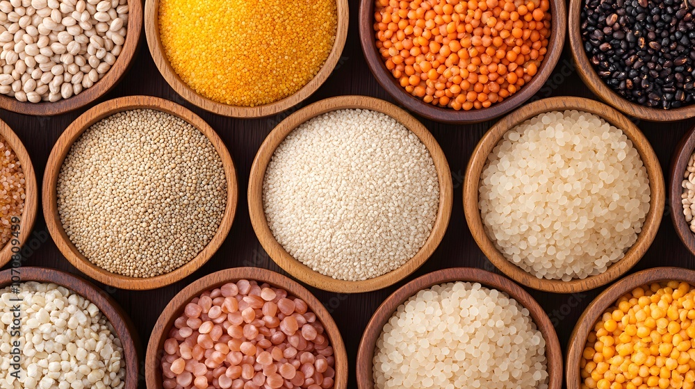 Various Grains and Legumes in Wooden Bowls Various Grains and Legumes in Wooden Bowls