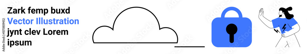 Cloud security symbolized by a cloud icon linked to a blue lock and a person holding a device. Ideal for data protection, cybersecurity, IT services, online safety, cloud storage, secure login Cloud security symbolized by a cloud icon linked to a blue lock and a person holding a device. Ideal for data protection, cybersecurity, IT services, online safety, cloud storage, secure login