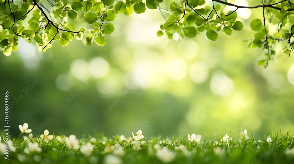 Green Leaves Frame Blooming White Flowers in Grassy Field. Copy space concept. Green Leaves Frame Blooming White Flowers in Grassy Field. Copy space concept.