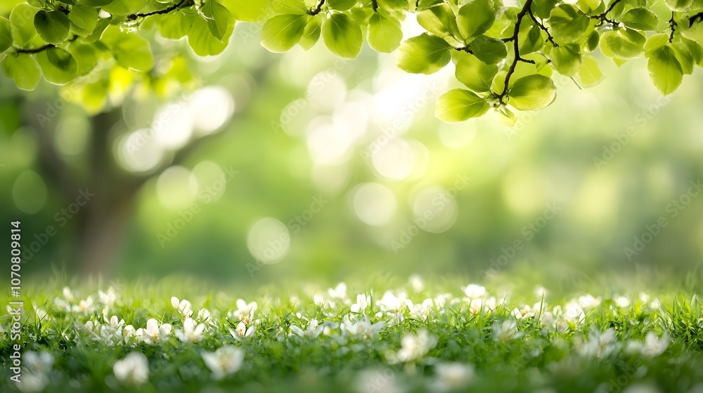 Green Leaves Over White Flowers and Grass in a Blurred Background. Copy space concept. Green Leaves Over White Flowers and Grass in a Blurred Background. Copy space concept.