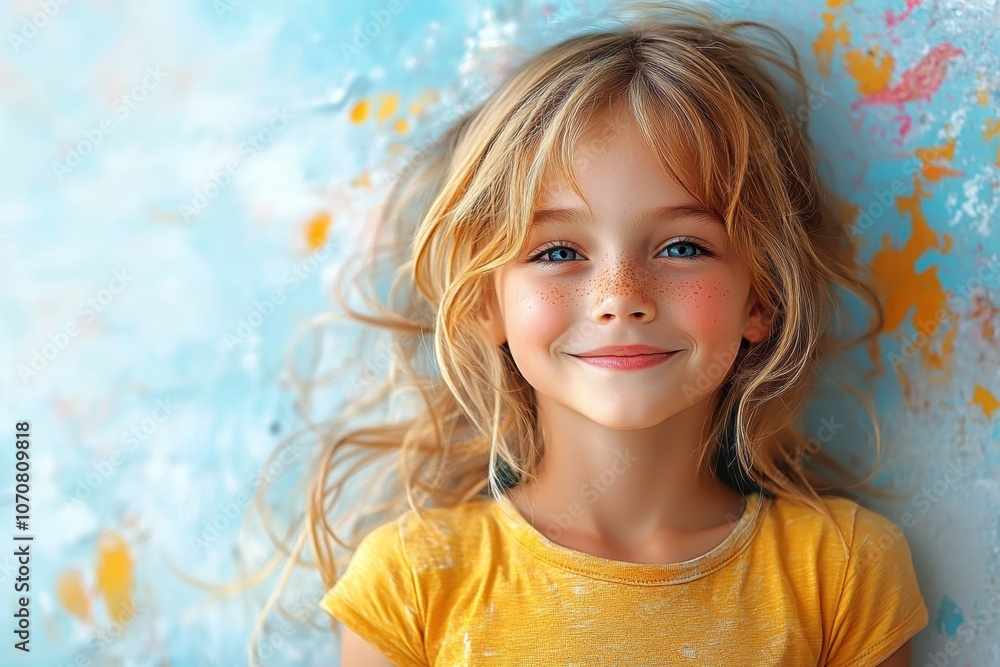 Young girl with long hair smiles brightly against a colorful, artistic background Young girl with long hair smiles brightly against a colorful, artistic background