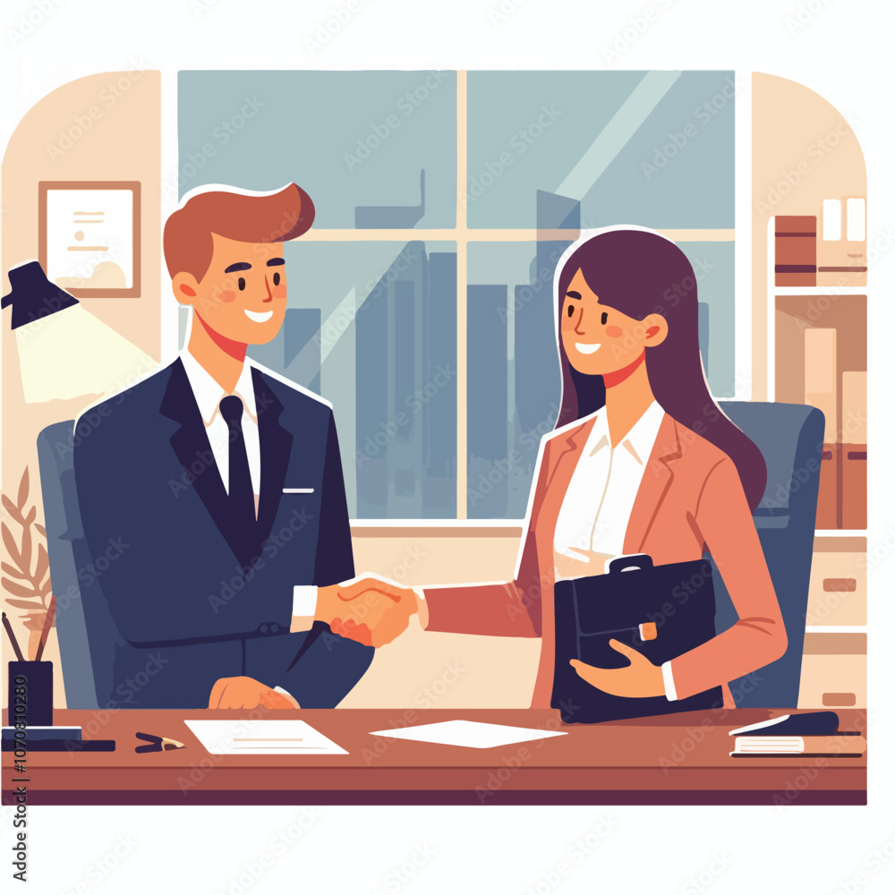People shaking hands at work - Two businesspeople, man and woman doing handshake in office at work while smiling over business agreement and deal. Flat design stock illustration on white background People shaking hands at work - Two businesspeople, man and woman doing handshake in office at work while smiling over business agreement and deal. Flat design stock illustration on white background