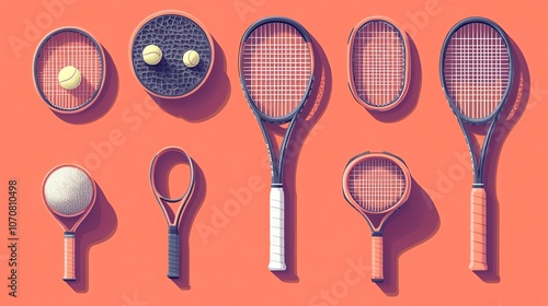 Collection of tennis rackets and balls on a vibrant background.