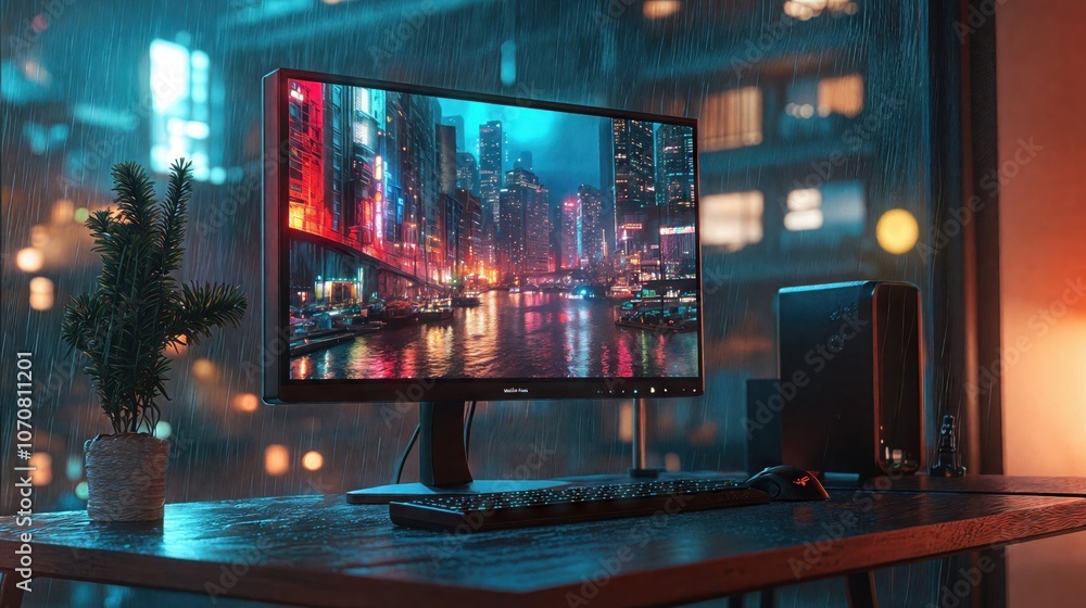 The image shows a desktop setup by a window during a rainy evening, with a monitor displaying a vibrant, futuristic cityscape. Reflections of neon lights and rain create a cozy, cyberpunk atmosphere The image shows a desktop setup by a window during a rainy evening, with a monitor displaying a vibrant, futuristic cityscape. Reflections of neon lights and rain create a cozy, cyberpunk atmosphere