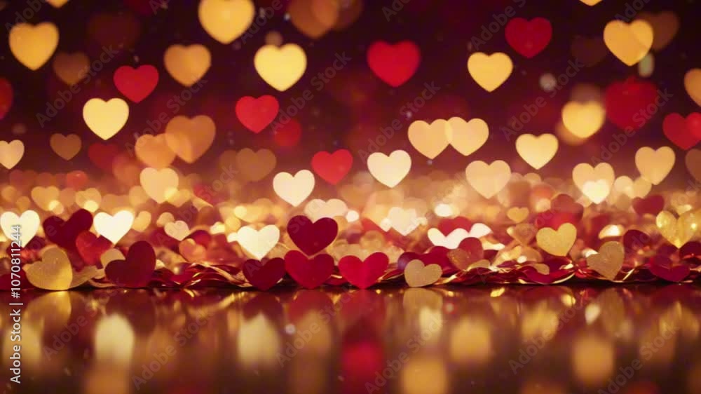 Blurred red and gold bokeh lights shaped like hearts create a festive and romantic background, perfect for Valentine's Day designs. Blurred red and gold bokeh lights shaped like hearts create a festive and romantic background, perfect for Valentine's Day designs.
