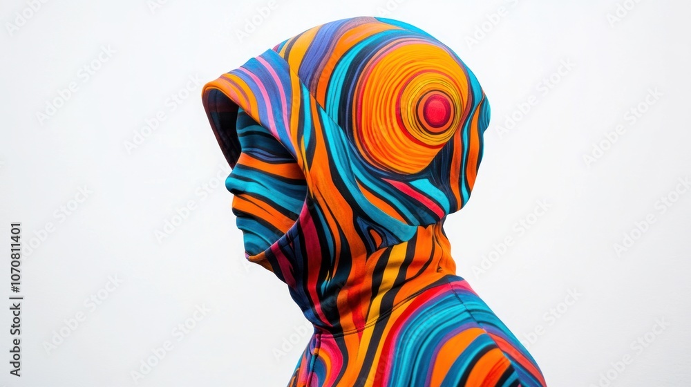 Person in hoodie with bold abstract line patterns, vibrant art on a simple white background. Person in hoodie with bold abstract line patterns, vibrant art on a simple white background.