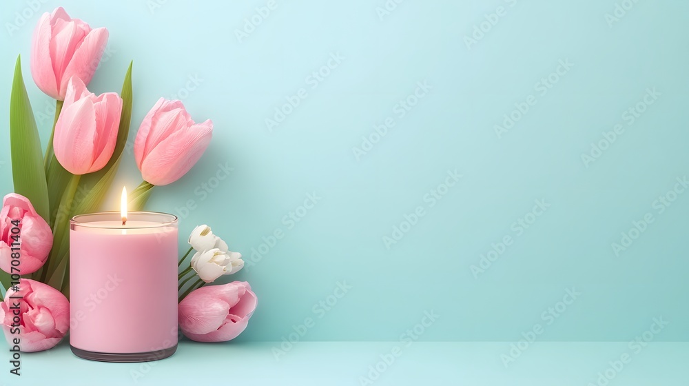 Pink Tulips and Lit Candle on a Light Blue Background. Copy space concept. Pink Tulips and Lit Candle on a Light Blue Background. Copy space concept.