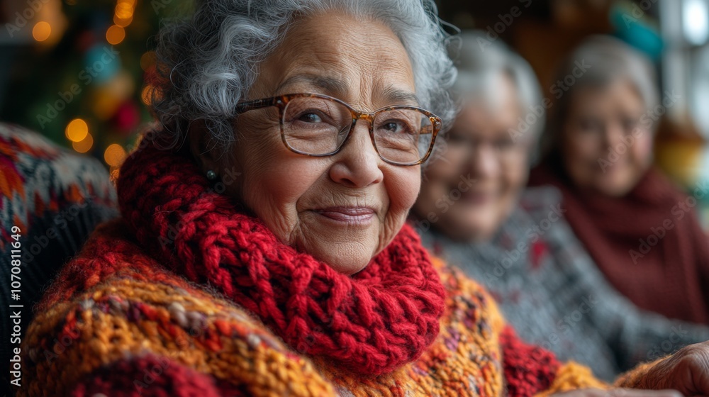 An elderly woman with curly gray hair beams with joy while wearing a vibrant knitted sweater, surrounded by friends in a warm and inviting living space adorned with seasonal decorations. An elderly woman with curly gray hair beams with joy while wearing a vibrant knitted sweater, surrounded by friends in a warm and inviting living space adorned with seasonal decorations.