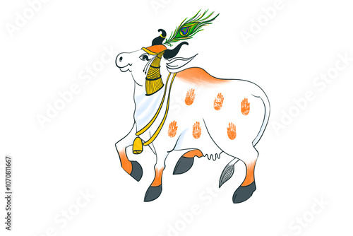 Hand drawn Indian cow in traditional Rajasthani style. Digital illustration.