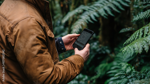 Man in brown jacket using smartphone amidst lush greenery..