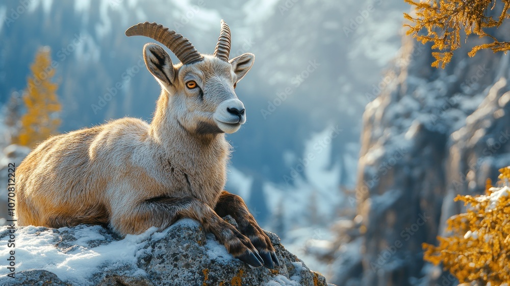 A young mountain goat with large horns rests on a snowy rock with a mountain range in the background. A young mountain goat with large horns rests on a snowy rock with a mountain range in the background.