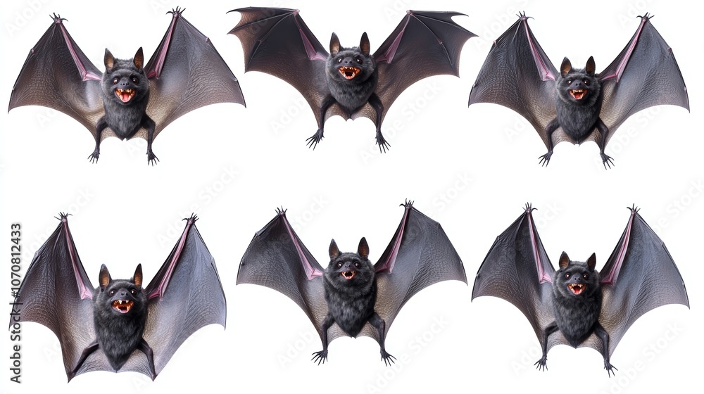 Six Happy Bats Isolated on White Background Halloween Wildlife Nature Six Happy Bats Isolated on White Background Halloween Wildlife Nature